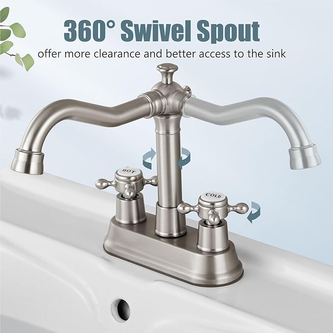 Aolemi 4 Inch Centerset Bathroom Sink Faucet Vintage 2 Cross Handle RV Mixer Tap Basin Vanity Lavatory Utility for Sink 3 Hole Include Hoses Pop Up Drain Faucet Handle with Label Brushed Nickel