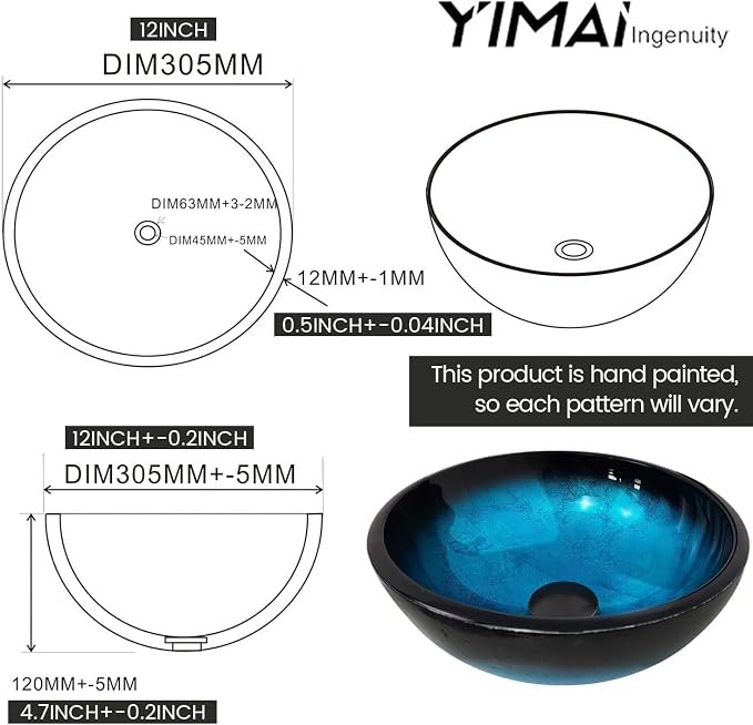 Vessel Sink 12" Bathroom Sinks Tempered Glass Blue Art Basin Round Bowl with Faucet Combo, Blue