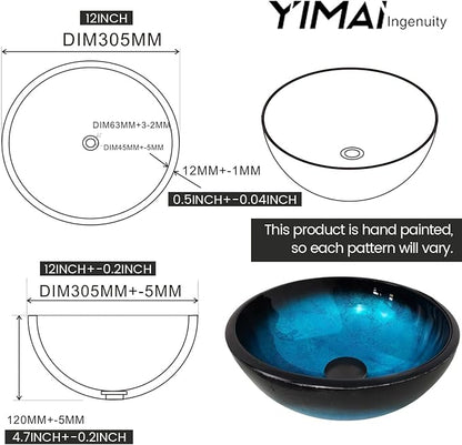 Vessel Sink 12" Bathroom Sinks Tempered Glass Blue Art Basin Round Bowl with Faucet Combo, Blue