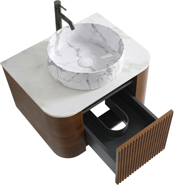 24" Preassembled Floating Bathroom Vanity with Carrara Finish Sink, Walnut | Mid-Century Modern Style, Fluted & Soft-Close Drawer with U-shaped Wall, Sinterted Stone Countertop, Towel Rack Included