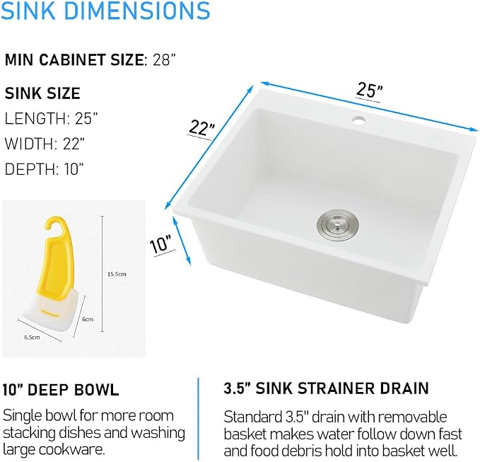 25 Inch White Drop In Kitchen Sink | 25x22 Drop In Kitchen Sink Quartz Granite Composite Single Bowl Outdoor Top Mount Basin with Small Rubber Squeegee