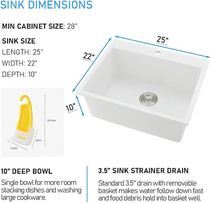 25 Inch White Drop In Kitchen Sink | 25x22 Drop In Kitchen Sink Quartz Granite Composite Single Bowl Outdoor Top Mount Basin with Small Rubber Squeegee