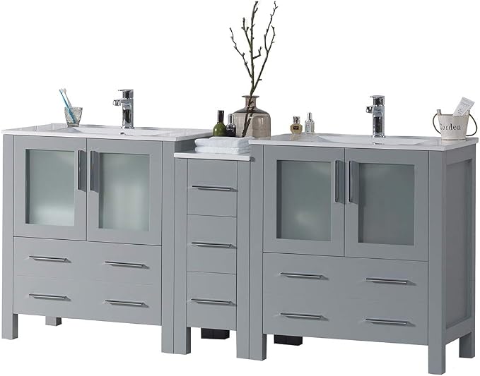 Blossom 72" Solid Wood Double Sink Bathroom Vanity with Side Cabinet | Metal Grey Master Bath Furniture | Anti-Warp Painted Finish, Soft-Close Full Extension Drawers & Tempered Glass Modern Style