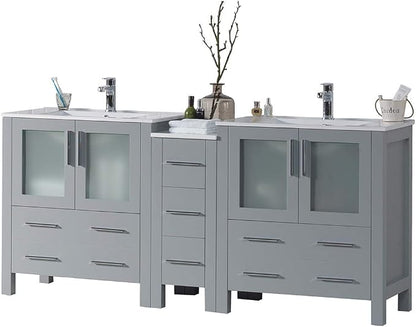 Blossom 72" Solid Wood Double Sink Bathroom Vanity with Side Cabinet | Metal Grey Master Bath Furniture | Anti-Warp Painted Finish, Soft-Close Full Extension Drawers & Tempered Glass Modern Style