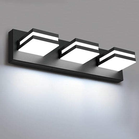 IZORRO LED Modern Bathroom Lights Fixtures(3-Light,Dimmable),Matte Black Acrylic Wall Lighting,Vanity Lights for Bathroom Over Mirror - 6000k 16In （No Assembly Required）