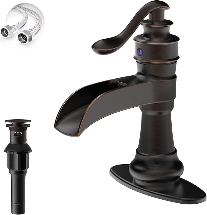 Bathroom Sink Faucet Waterfall Oil Rubbed Bronze Single Handle | Pop Up Drain with Overflow,Easy to Clean,Stable Installation,Gentle Water Flow Prevents Splashing,Elegant Minimalist Style