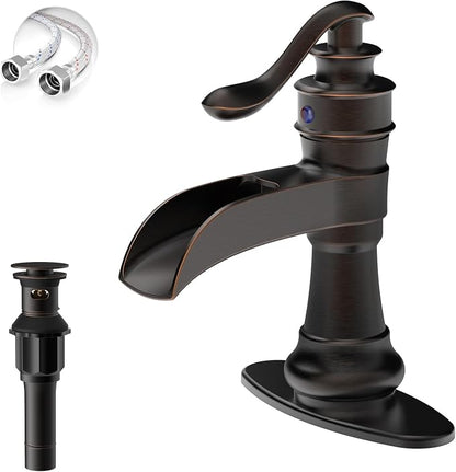 Bathroom Sink Faucet Waterfall Oil Rubbed Bronze Single Handle | Pop Up Drain with Overflow,Easy to Clean,Stable Installation,Gentle Water Flow Prevents Splashing,Elegant Minimalist Style