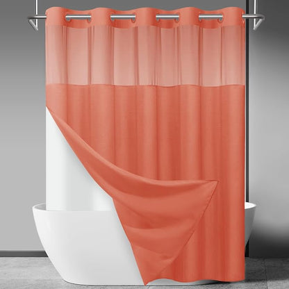 SORTTO No Hook Slub Shower Curtain with Liner, 71x74, Coral | Snap in Liner, 3 in 1, Bamboo Texture, Hotel Style, Waterproof Fabric, Mesh Top Window, Corner Magnets, Machine Washable