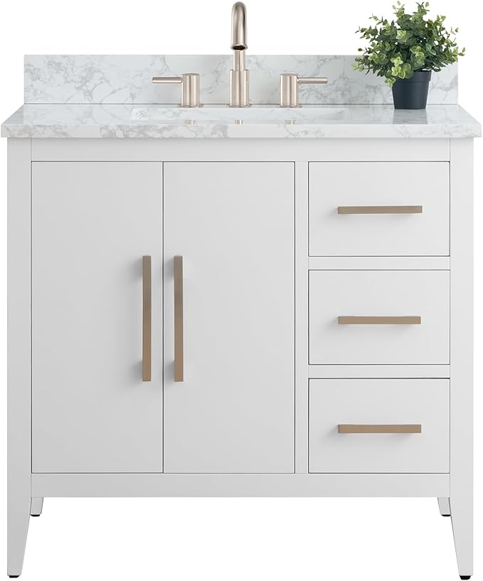 Vanity Art 36 inch Bathroom Vanity with Single Sink & Ceramic Top, Vanity Cabinet with Soft-Closing Doors, Drawers, Solid Wood Frame, White, VA9036-W-BN1