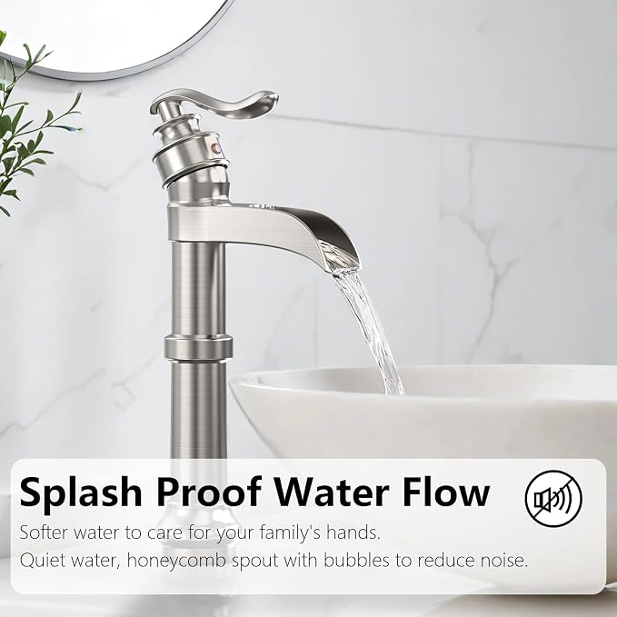 Brushed Nickel Vessel Sink Faucet Brass Tall Waterfall Bathroom Faucet | Single Handle Bathroom Sink Faucets with Pop Up Drain Without Overflow and Supply Hoses Mixer Tap Deck Mount by BATHLAVISH