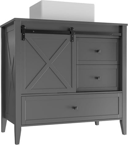 VNN Bathroom Vanity with Sink - 36 Inch Bathroom Vanity with Sink Ceramic, Freestanding Cabinet with Farmhouse Sliding Barn Door and 3 Drawers, Space-Saving Storage Cabinet, Grey