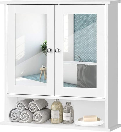 Salches Wall Mounted Bathroom Cabinet w/2 Mirrored Doors, Over-Toilet Hanging Cabinet w/Shelves, Wooden Medicine Storage Organizer for Living Room/Corridor/Cloakroom/Kitchen, 22” x 5” x 23” (White)