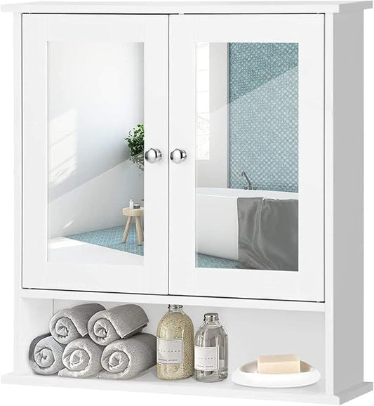 Salches Wall Mounted Bathroom Cabinet w/2 Mirrored Doors, Over-Toilet Hanging Cabinet w/Shelves, Wooden Medicine Storage Organizer for Living Room/Corridor/Cloakroom/Kitchen, 22” x 5” x 23” (White)