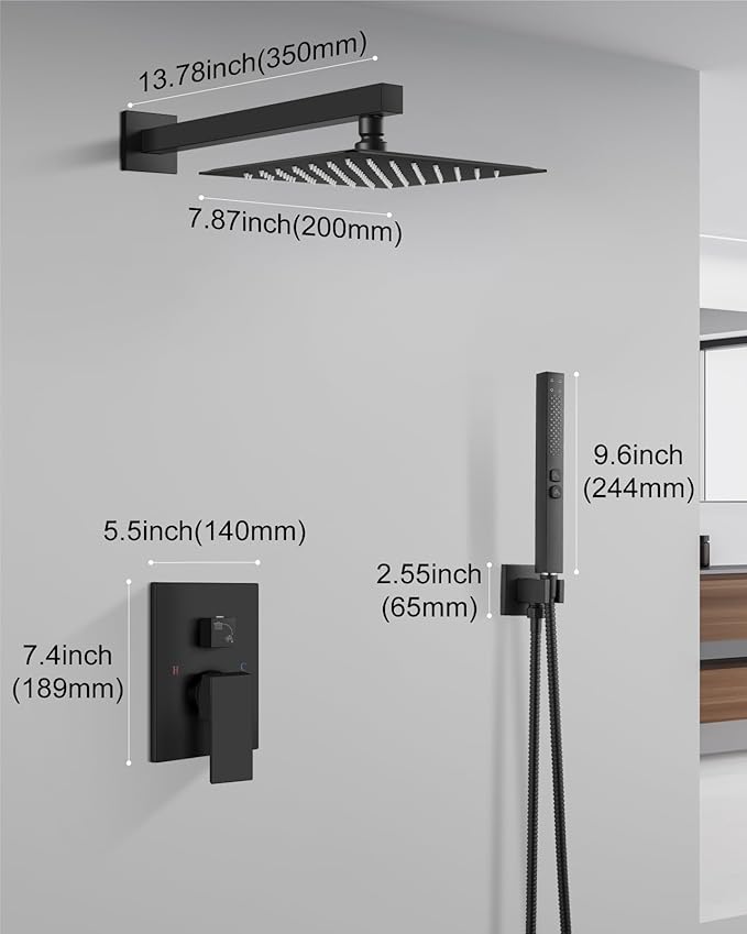 Shower Faucet Set Rainfall Shower System with Square Showerhead and Handle Set Fixture with 2 in 1 Function Handheld Sprayer Wall Mounted Trim Repair Kit Rough-in Valve 8 Inch Matte Black