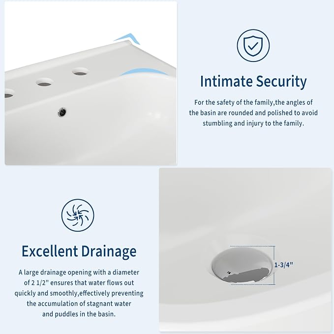 Elegant Square Pedestal Sink with 8-Inch Widespread Faucet Configuration – High-Gloss Ceramic Bathroom Vanity Basin, Sturdy Column Support, Versatile Fit for Bath & Luxury Hotel Style Decor