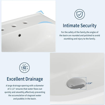 22" x 17" Pedestal Sink – White Ceramic Rectangular Bathroom Vanity with Overflow, Bathroom Pedestal Sink with 3 Pre-Drilled Holes for 8 in Faucets