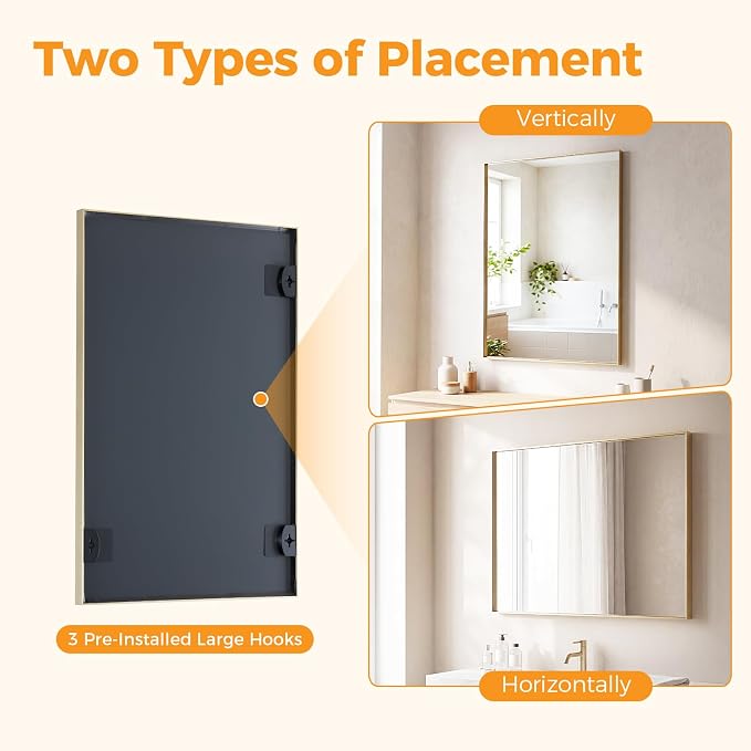 Sweetcrispy Bathroom Mirrors for Over Sink, 22" x 30" Rectangle Wall Mirror | Rectangle Mirros for Bathroom Sink, Metal Frame Tempered Glass,Home Decor, Anti-Rust Hang, Gold