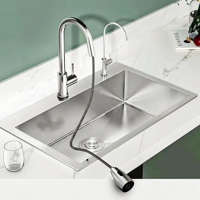 33 Inch Drop In Kitchen Sink, 16 Gauge Stainless Steel Kitchen Sink Single Bowl Sinks with Drain Strainer (33"x19"x9")