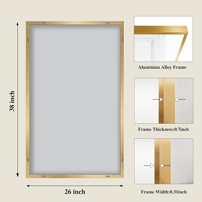 Koonmi Gold Mirrors for Wall, 26x38 Inch Bathroom Mirror, Rectangular Wall Mirror for Living Room Bedroom Bathroom, Hangs Horizontally or Vertically