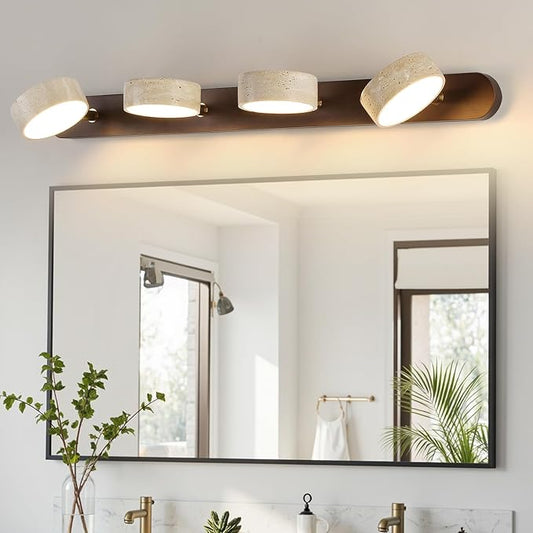 Wood Farmhouse Bathroom Vanity Light,Natural Stone Travertines Walnut Wall Lamp 4 Lights Travertine Shade Wabi Sabi Lamp, Linear Bathroom Vanity Lighting Rotatable 40W LED Wall Fixture Over Mirror