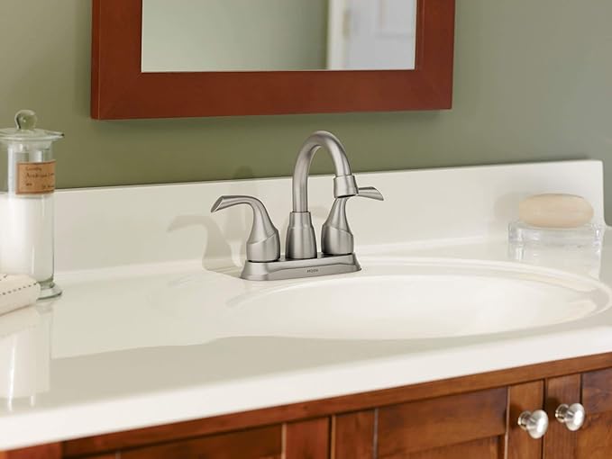 Moen Idora Spot Resist Brushed Nickel Two-Handle Centerset Bathroom Sink Faucet with Drain Assembly, 84115SRN
