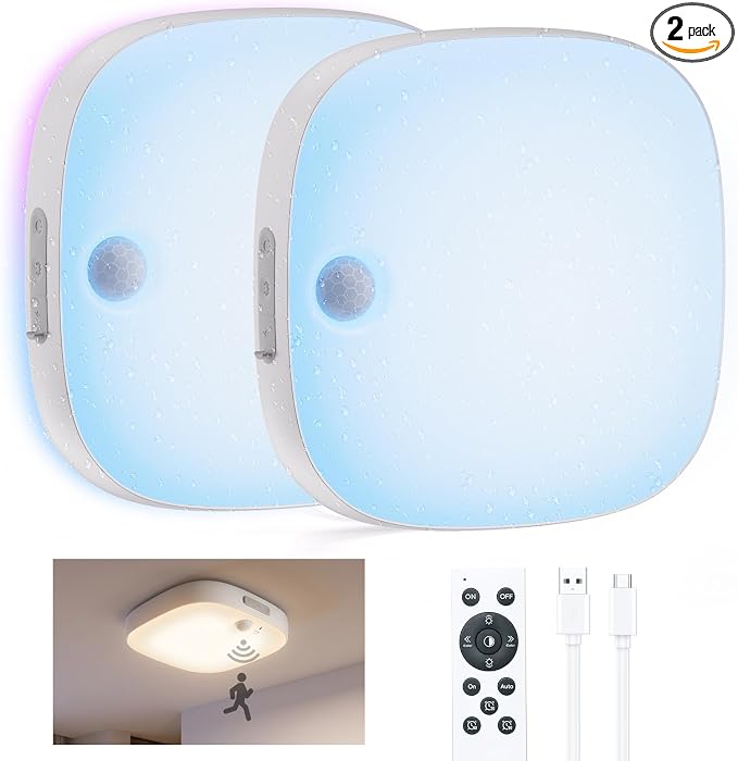 NARUNDREN 2 Pack IP65 Motion Sensor Shower Ceiling Light 10000mAh 18 Colors | 300LM LED, 3CW+15RGB & 5-Step Dimmable, Rechargeable Battery Operated w/Remote, Waterproof Light for Bathroom & Closet