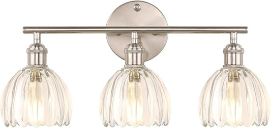 Bathroom Light Fixtures, 3-Light Vanity wall Light Over Mirror with Clear Tulip Glass Shade for Bedroom Living Room (Bulb Not Included), Satin Nickel
