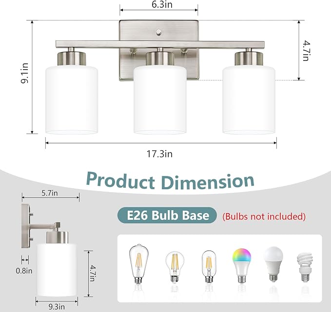 Brushed Nickel Bathroom Light Fixtures, 3-Light Modern Vanity Lights with Milky White Frosted Glass Shades, Wall Sconces for Mirror, Bathroom, Restroom (E26 Socket)
