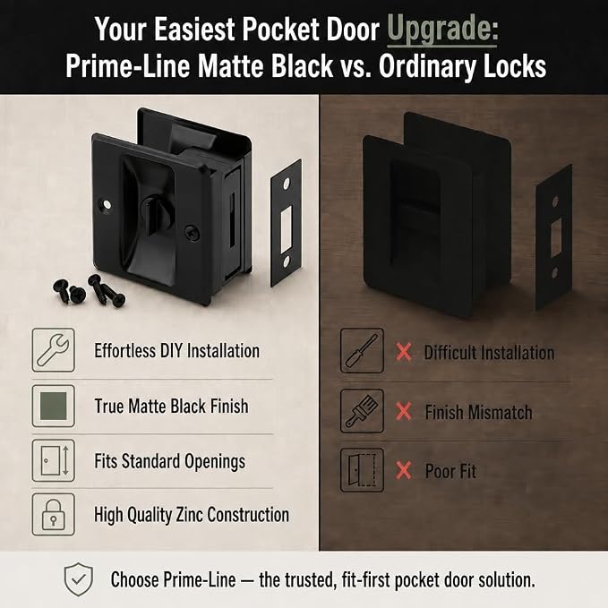 Prime-Line N 7578 Pocket Door Privacy Lock with Pull, Matte Black Finish | Single Pack