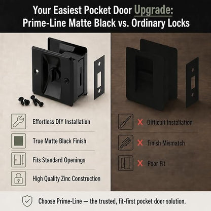 Prime-Line N 7578 Pocket Door Privacy Lock with Pull, Matte Black Finish | Single Pack