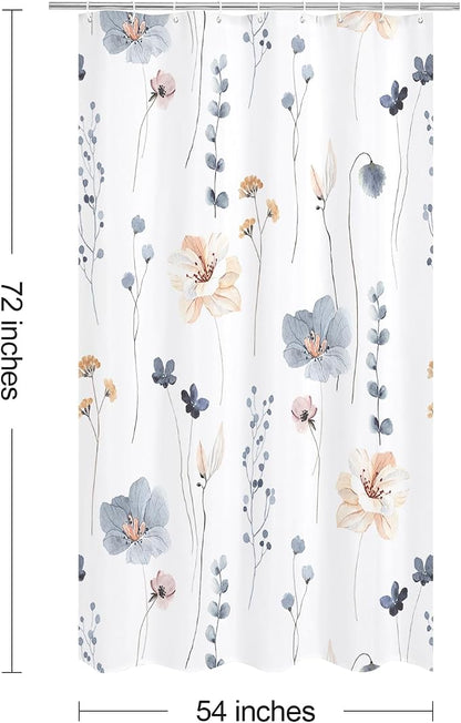 Blue Beige Watercolor Floral Fabric Shower Curtain, 54x72 | Waterproof Fabric, Modern Minimalist Floral Print, Machine Washable, Rustproof Grommets, for Bathroom Home, Stall