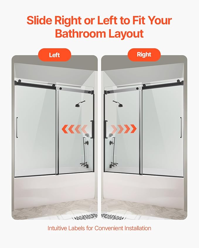 VEVOR Frameless Sliding Bathtub Door, 56-60" W x 60" H, Frameless Shower Glass Door, Frameless Double Sliding Tub Door with 5/16 in Clear Tempered Glass and Stainless Steel Handle, Black