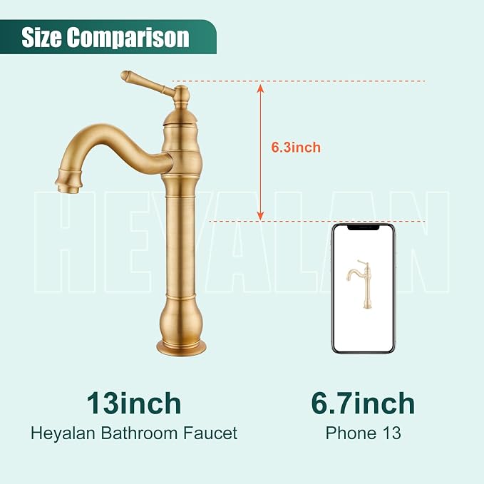Heyalan Tall Vessel Sink Faucet, Single Handle 1-Hole,Antique Brass | SUS304 stainless steel, 360° swivel spout, includes pop-up drain & hoses, deck mount 1-hole, tall design for vessel sink