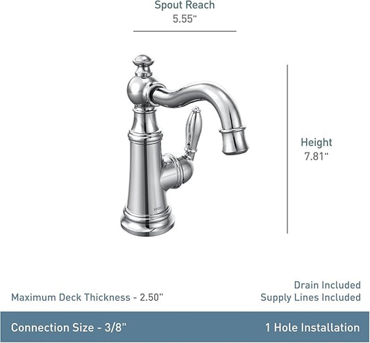 Moen S42107BL Weymouth One-Handle Single Hole Traditional Bathroom Sink Faucet with Drain Assembly, Matte Black