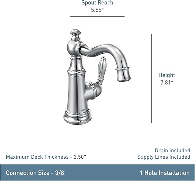 Moen S42107 Weymouth One-Handle Single Hole Traditional Bathroom Sink Faucet with Drain Assembly, Chrome