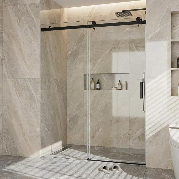 44-48" W x 76" H Frameless Sliding Shower Door, 1/4" (6mm) Tempered Glass with Explosion-Proof Film, Matte Black Stainless Steel Track & 55mm Rollers, Bypass Bathroom Door