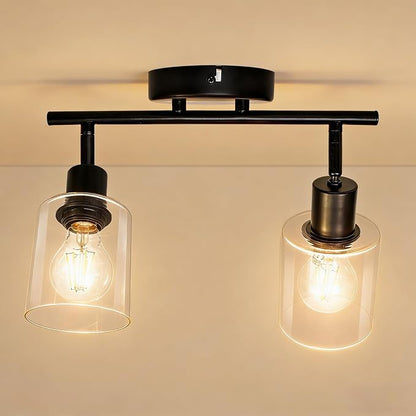 HiBay 2-Light Track Lighting Fixture Black, Glass Ceiling Wall Spotlight | Rotatable 2 Heads with Glass Shades, Modern Farmhouse Industrial, for Bedroom, Kitchen Sink, Loft, E26 Base