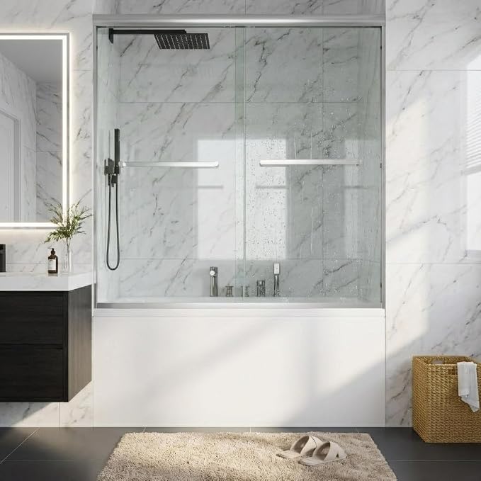 Sliding Tub Shower Door 56–60 × 59 Inch, Double Sliding Bathtub Shower Door with 6mm Tempered Glass, Brushed Finish Aluminum Frame, Easy Clean Glass Tub Door for Bathroom
