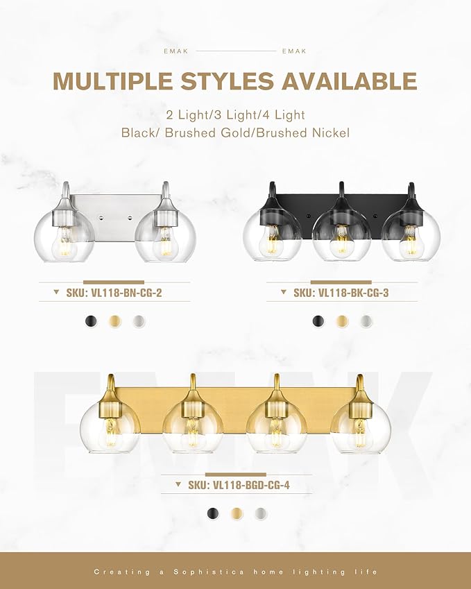 Emak 3-Light Bathroom Vanity Lights Over Mirror, Globe Bathroom Light Fixtures with Clear Glass Shade, Modern Brushed Nickel Vanity Light for Bath, Mirror, VL118-BN-CG-3