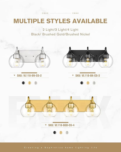 Emak 3-Light Bathroom Vanity Lights Over Mirror, Globe Bathroom Light Fixtures with Clear Glass Shade, Modern Brushed Nickel Vanity Light for Bath, Mirror, VL118-BN-CG-3