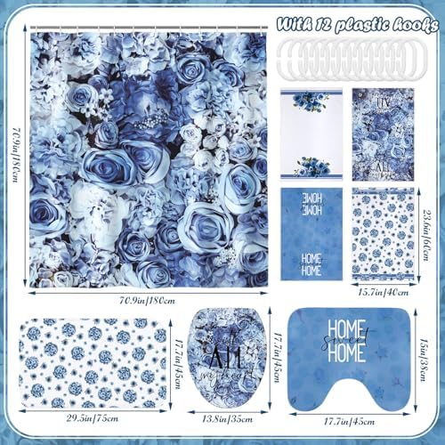 Honoson 8 Pcs Blue Floral Shower Curtain Bathroom Set with Rugs