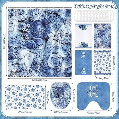 Honoson 8 Pcs Blue Floral Shower Curtain Bathroom Set with Rugs