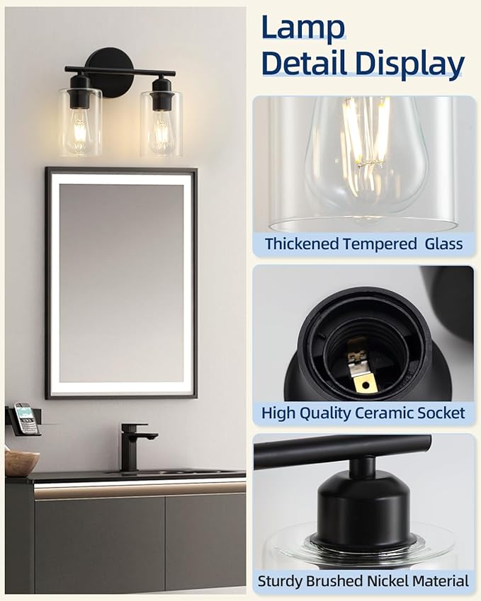 Modern Vanity Lights - Matte Black, Clear Glass Shade, Wall Sconce for Bathroom & Bedroom, 2 Pack