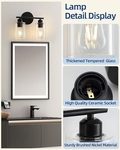 Modern Vanity Lights - Matte Black, Clear Glass Shade, Wall Sconce for Bathroom & Bedroom, 2 Pack