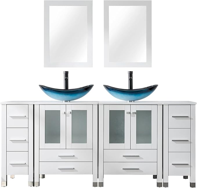LUCKWIND 72" Double 24-in Bathroom Vanity with Sink Combo, Elegant Series with Two 12.6-in Side Cabinets, Painted Frame, Including Blue Boat Sinks, Faucets Without Mirrors, White