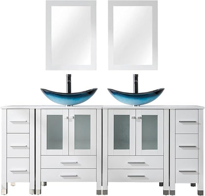 LUCKWIND 72" Double 24-in Bathroom Vanity with Sink Combo, Elegant Series with Two 12.6-in Side Cabinets, Painted Frame, Including Blue Boat Sinks, Faucets Without Mirrors, White