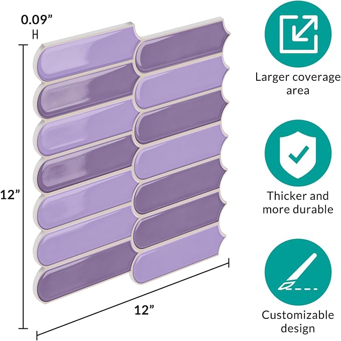 Joysticky 10-Sheet Peel and Stick Backsplash, 12" * 12" Crystal Texture Stick on Tiles Backsplash for Kitchen & Bathroom，Thicker Design Peel and Stick Wall Tiles（Light Purple）