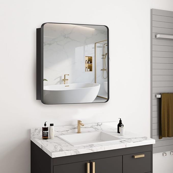 20’’x20’’ Medicine Cabinet,Metal Framed Medicine Cabinet Mirror with Round Corner,Recessed and Surface Mount Bathroom Mirror with Storage, Removeable Shelves,Dark Gray Frame