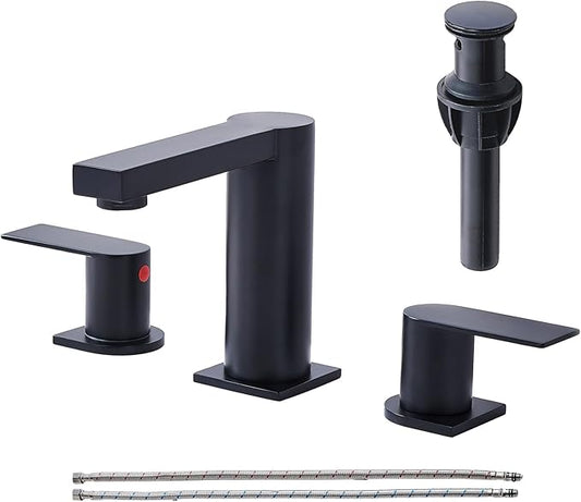 Bathroom Faucet Black 3 Hole, Matte Black Widespread Bathroom Faucet, 2-Handle 8-Inch Center Mount Bathroom Sink Faucet with Hose and Pop-Up Drain for RV Bath Vanity Lavatory, VAL079BRH