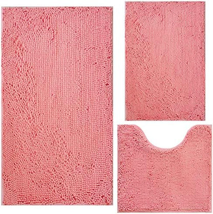Bathroom Rugs Chenille 3-Piece Extra Soft and Absorbent Shag Bathroom Rugs, Machine Wash Mat, Strong PVC Non-Slip Underside, Plush Carpet Mats (Pink)